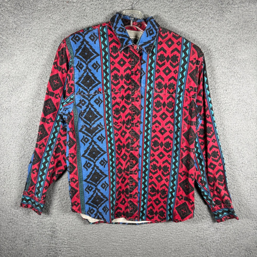 Wrangler Womens Aztec Western Button Down Shirt Red Blue Geometric Long Sleeve M